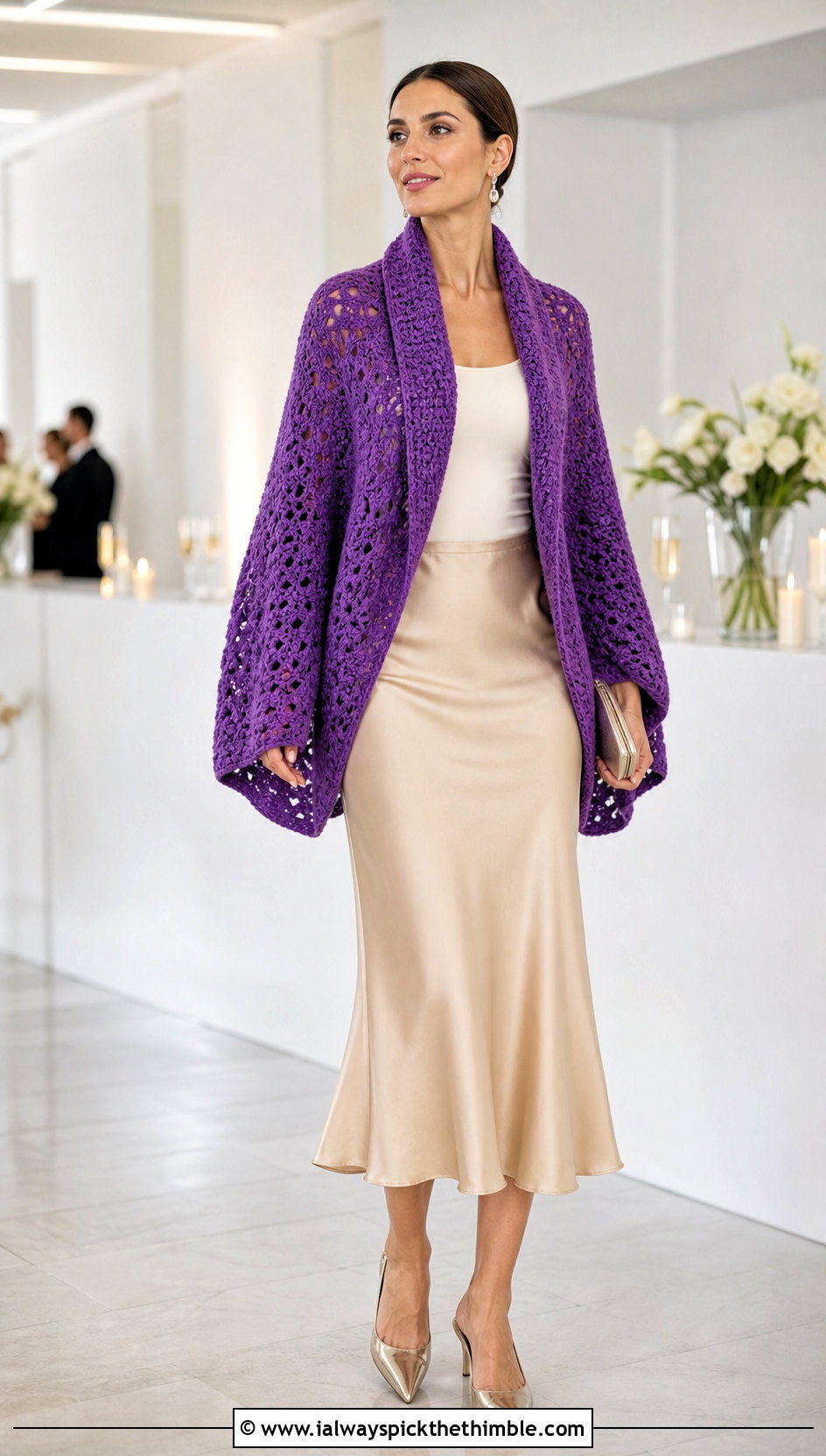 Shawl Collar Crochet Poncho With Satin Slip Skirt - 20 Crochet Poncho With Collar outfit ideas