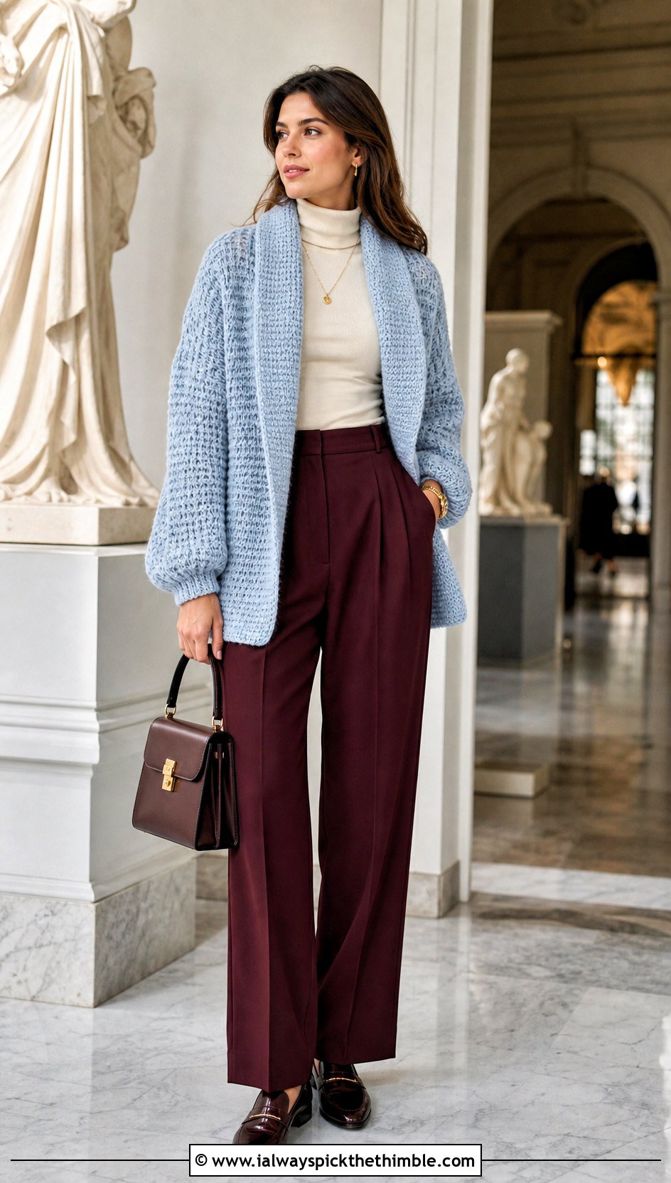 Shawl Collar Crochet Slouchy Cardigan With Pleated Trousers - 20 Crochet Slouchy Cardigan outfit ideas