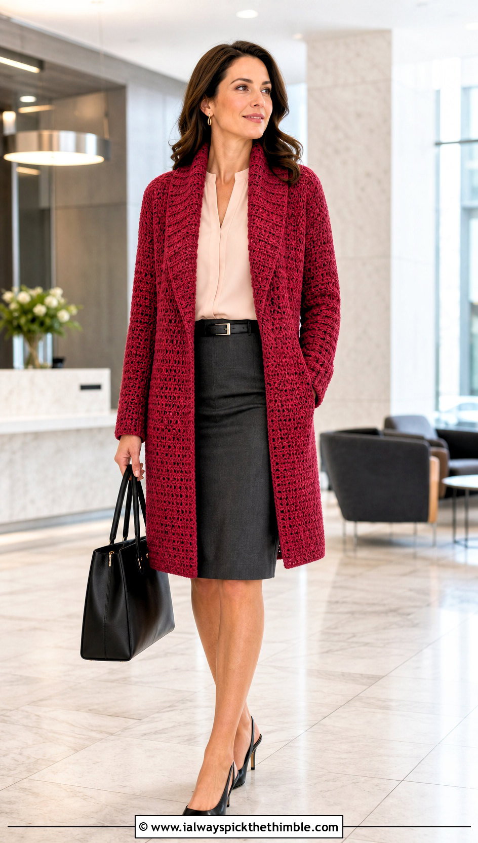 Shawl Collar Crochet Sweater Coat With A Pencil Skirt - 20 Crochet Sweater Coat outfit ideas