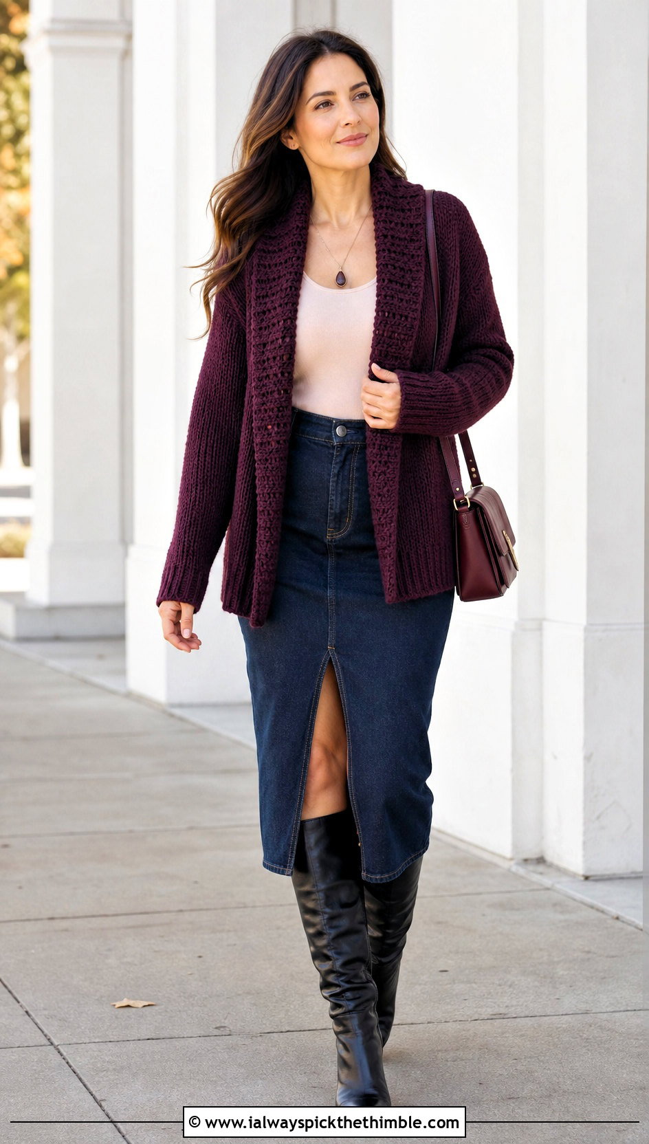 Shawl Collar Crochet Sweater Jacket With Denim Skirt - 20 Crochet Sweater Jacket outfit ideas