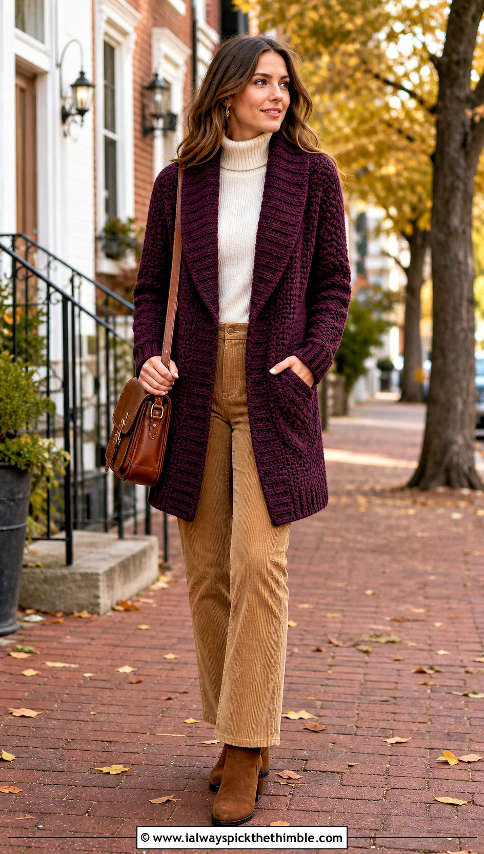 Shawl Collar Crochet Sweater With Corduroy Pants - 20 long crochet sweater outfit ideas