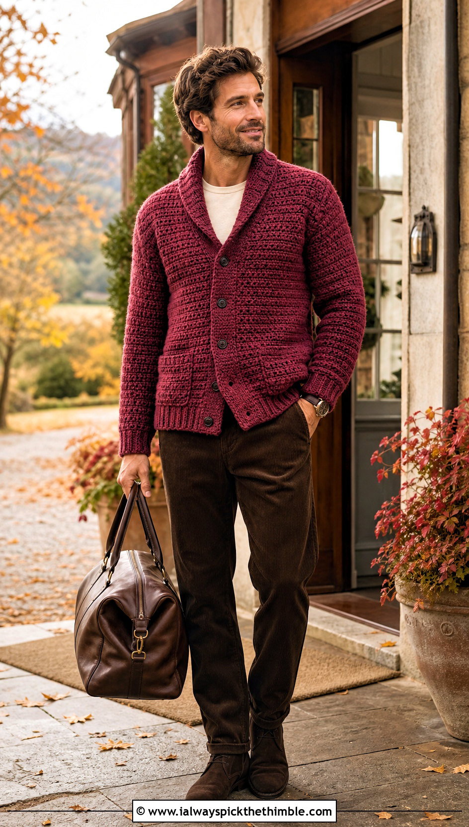 Shawl Collar Crochet Sweater With Corduroy Pants - 20 Mens Crochet Sweaters outfit ideas