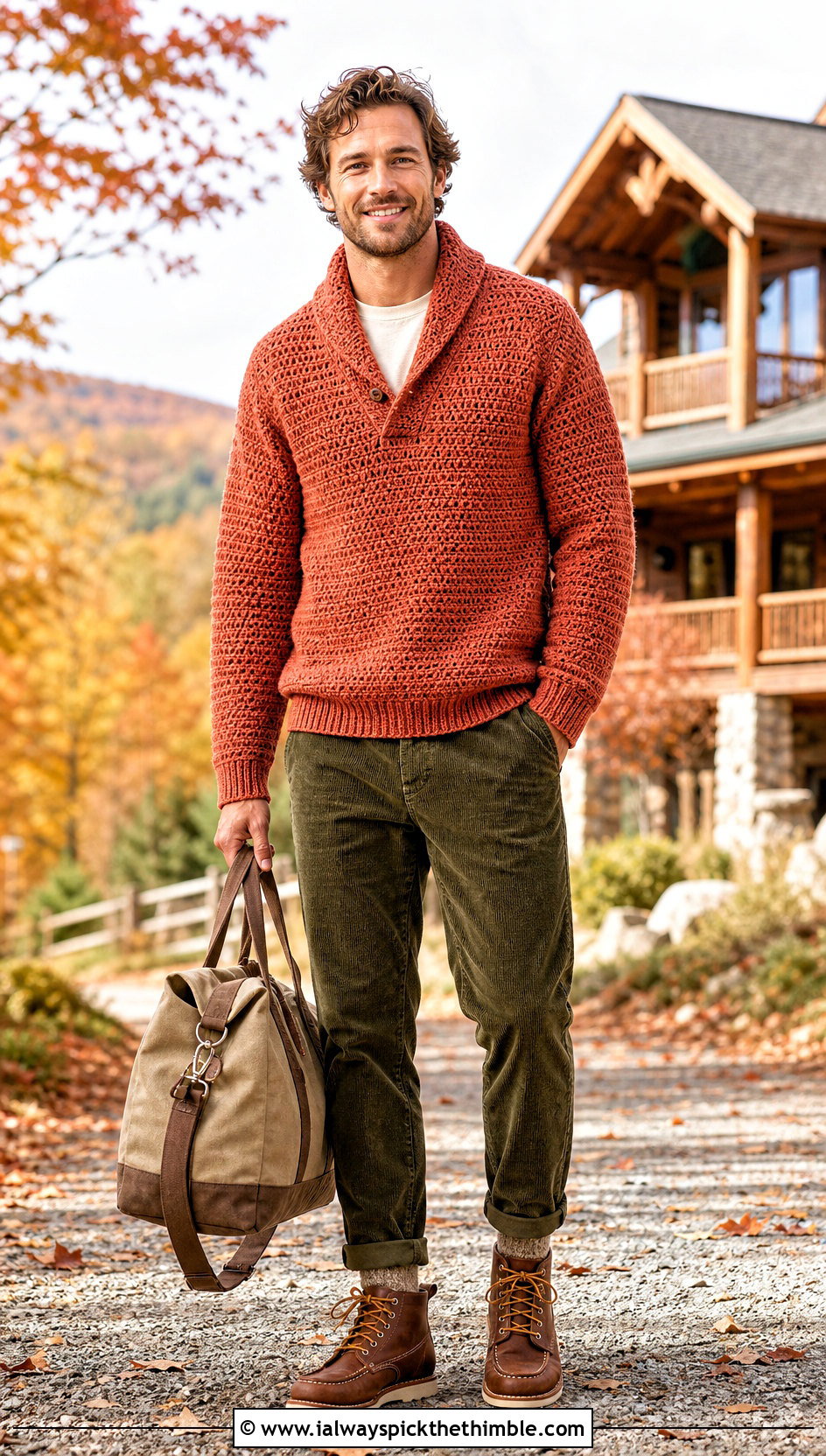 Shawl Collar Crochet Sweater With Corduroy Pants - 20 Easy Crochet Mens Sweater outfit ideas