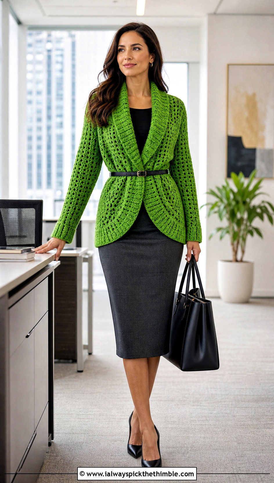 Shawl Collar Crochet Sweater Wrap With Pencil Skirt - 20 crochet sweater wrap outfit ideas