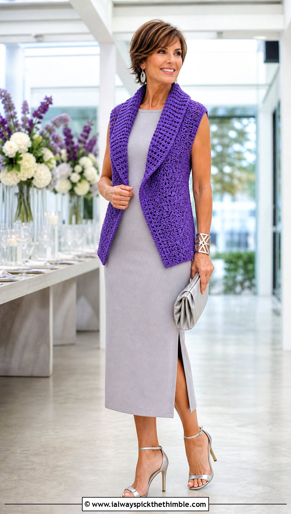 Shawl Collar Crochet Vest With Column Dress - 20 crochet vest with collar outfit ideas