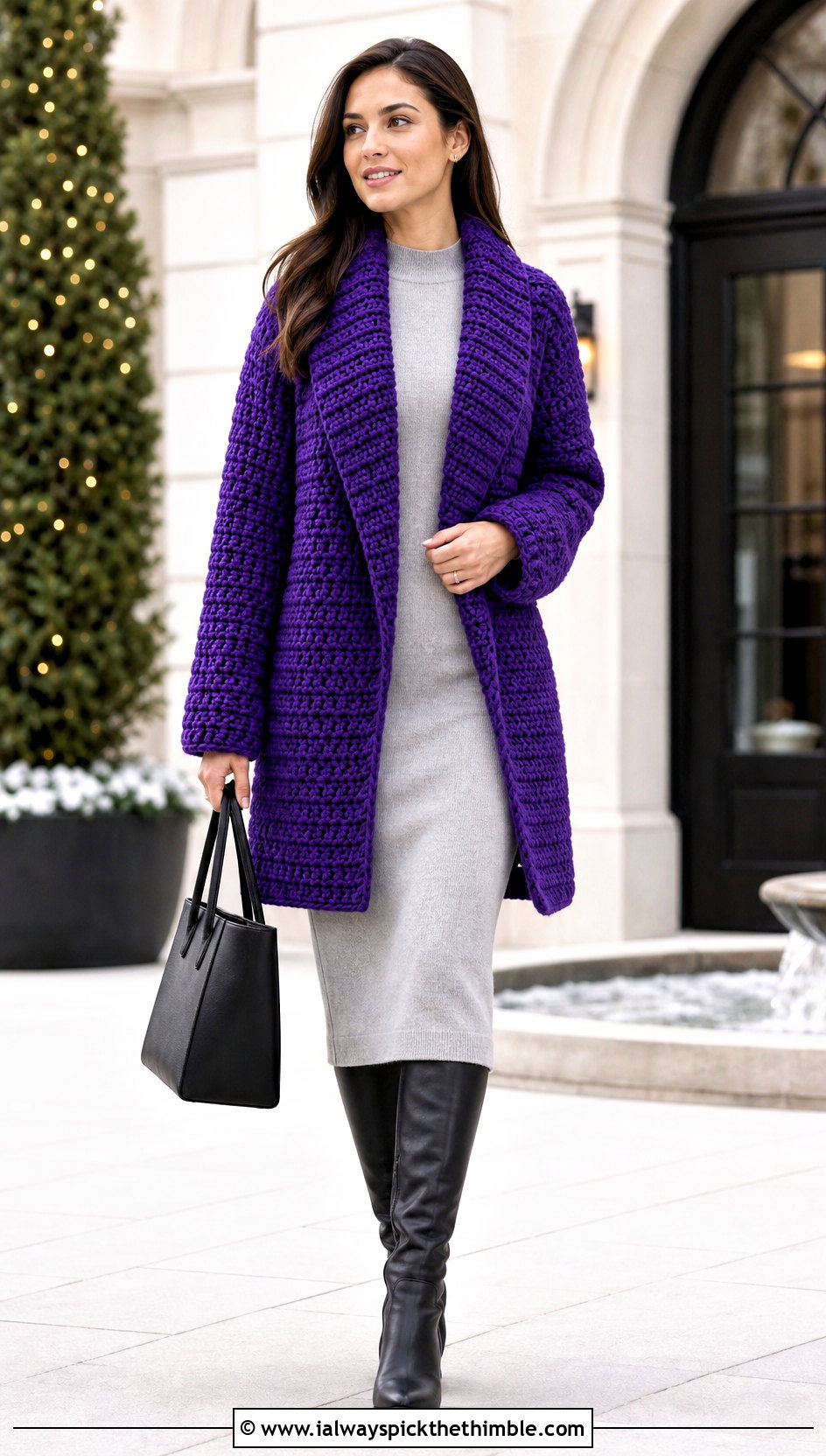 Shawl Collar Crochet Winter Jacket With Sweater Dress - 20 crochet winter jacket outfit ideas
