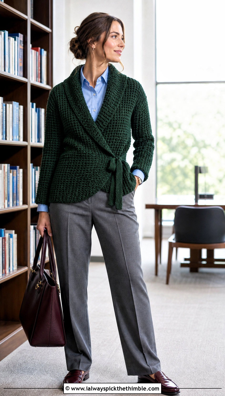Shawl Collar Crochet Wrap Sweater With Shirt And Trousers - 25 crochet wrap sweater outfit ideas
