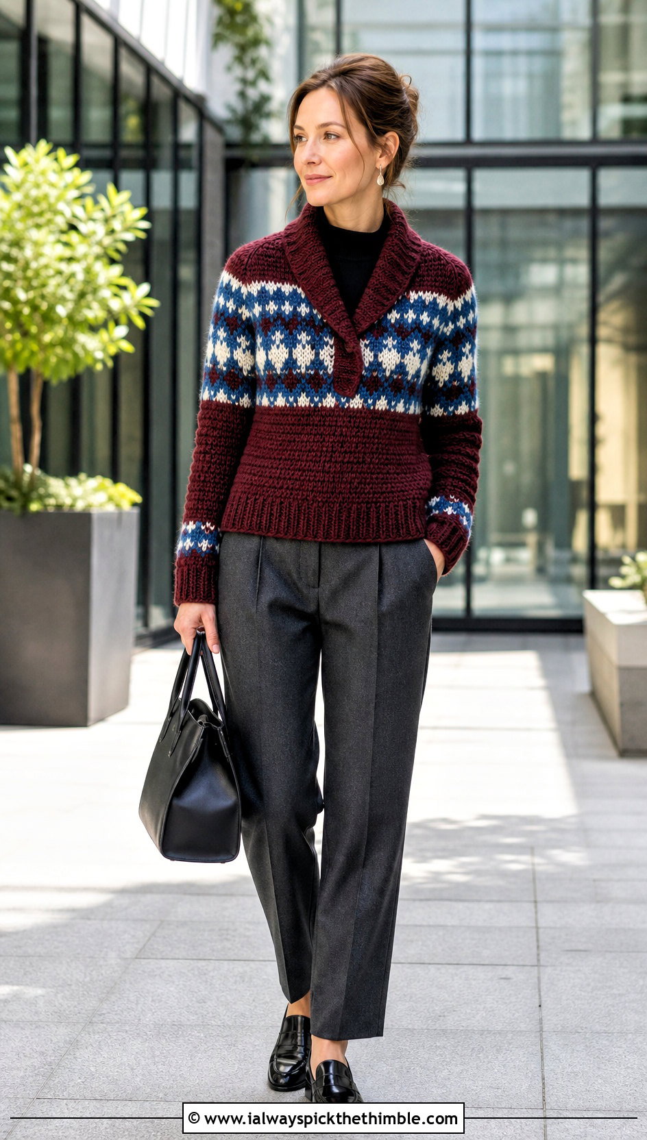 Shawl Collar Fair Isle Crochet Sweater With Pleated Pants - 20 fair isle crochet sweater outfit ideas
