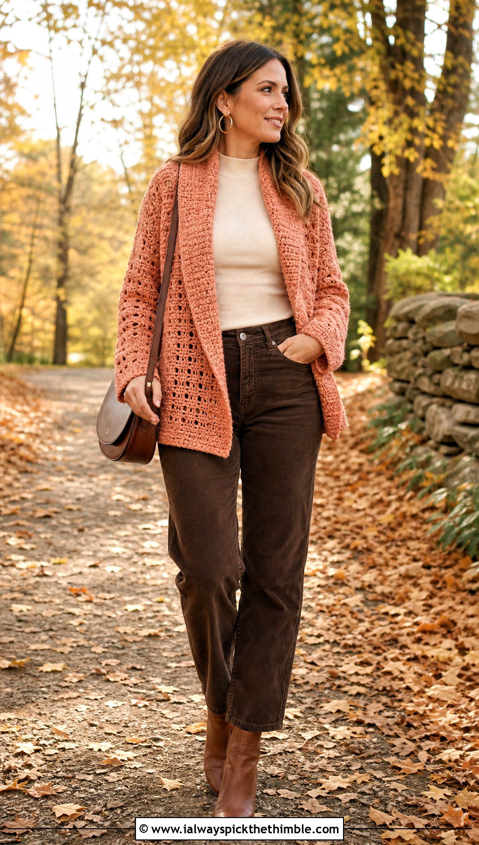 Shawl Collar Folklore Crochet Cardigan With Corduroy Pants - 20 Taylor Swift Folklore Crochet Cardigan outfit ideas
