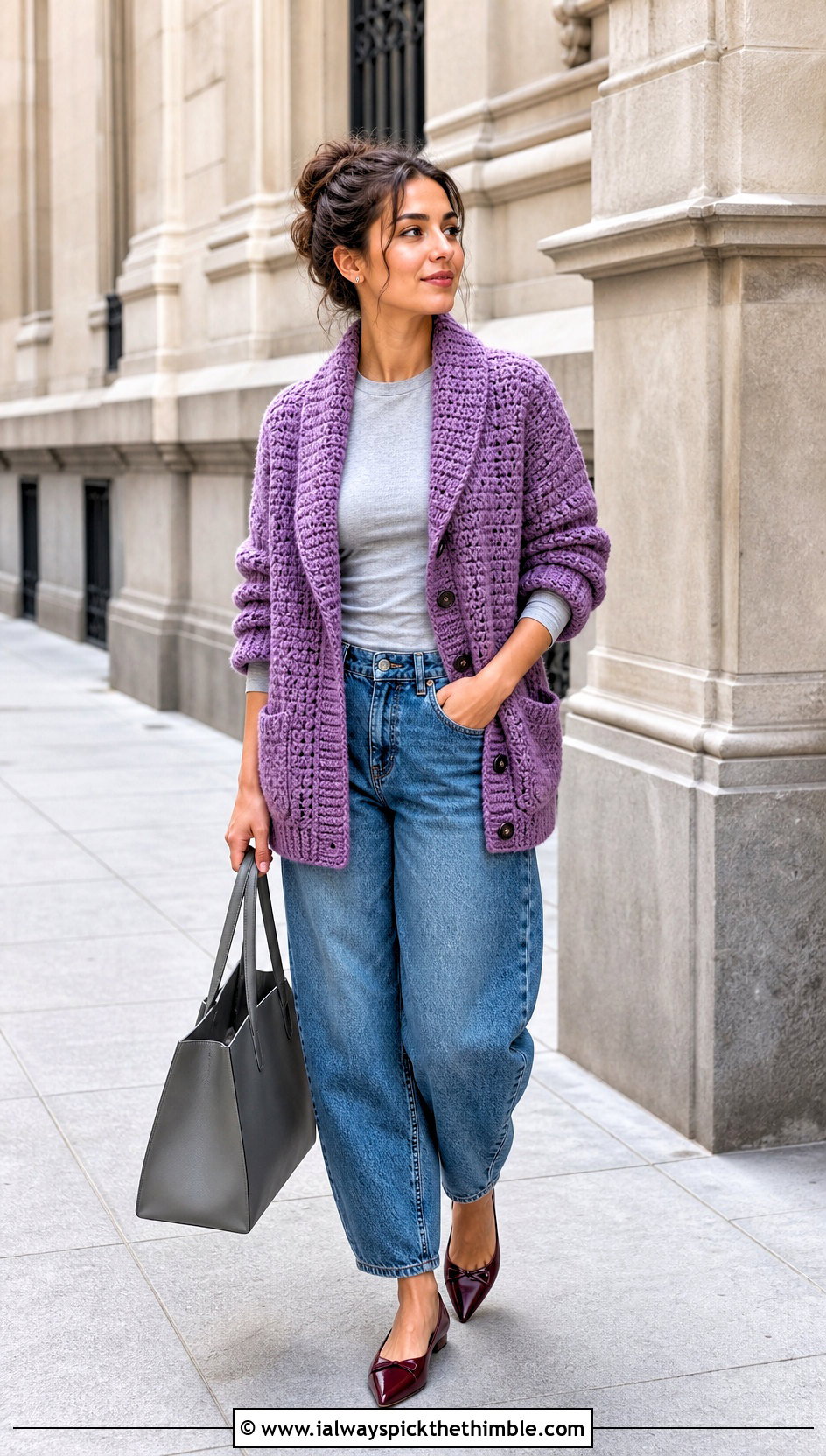 Shawl Collar Grandpa Crochet Cardigan With Barrel Jeans - 20 grandpa crochet cardigan outfit ideas