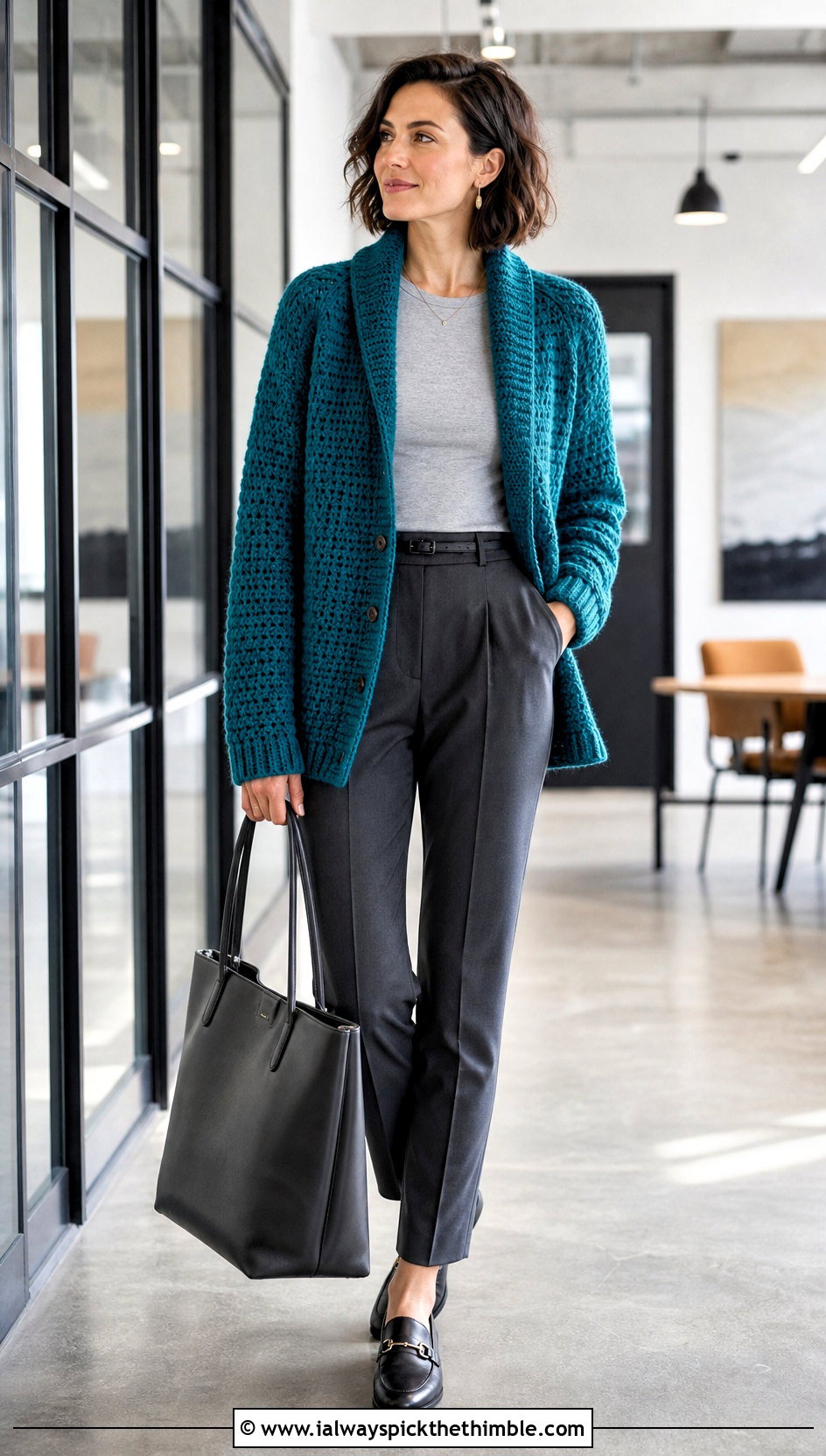 Shawl Collar Grandpa Crochet Cardigan With Tailored Trousers - 15 Grandpa Crochet Sweater outfit ideas