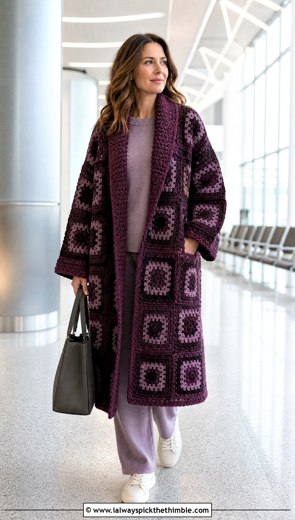 Shawl Collar Granny Square Afghan Coat With Knit Set - 15 crochet granny square afghan style coat cardigan outfit ideas