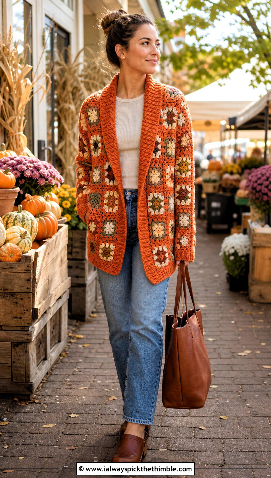 Shawl Collar Granny Square Cardigan With Straight Jeans - 25 crochet granny square cardigan outfit ideas