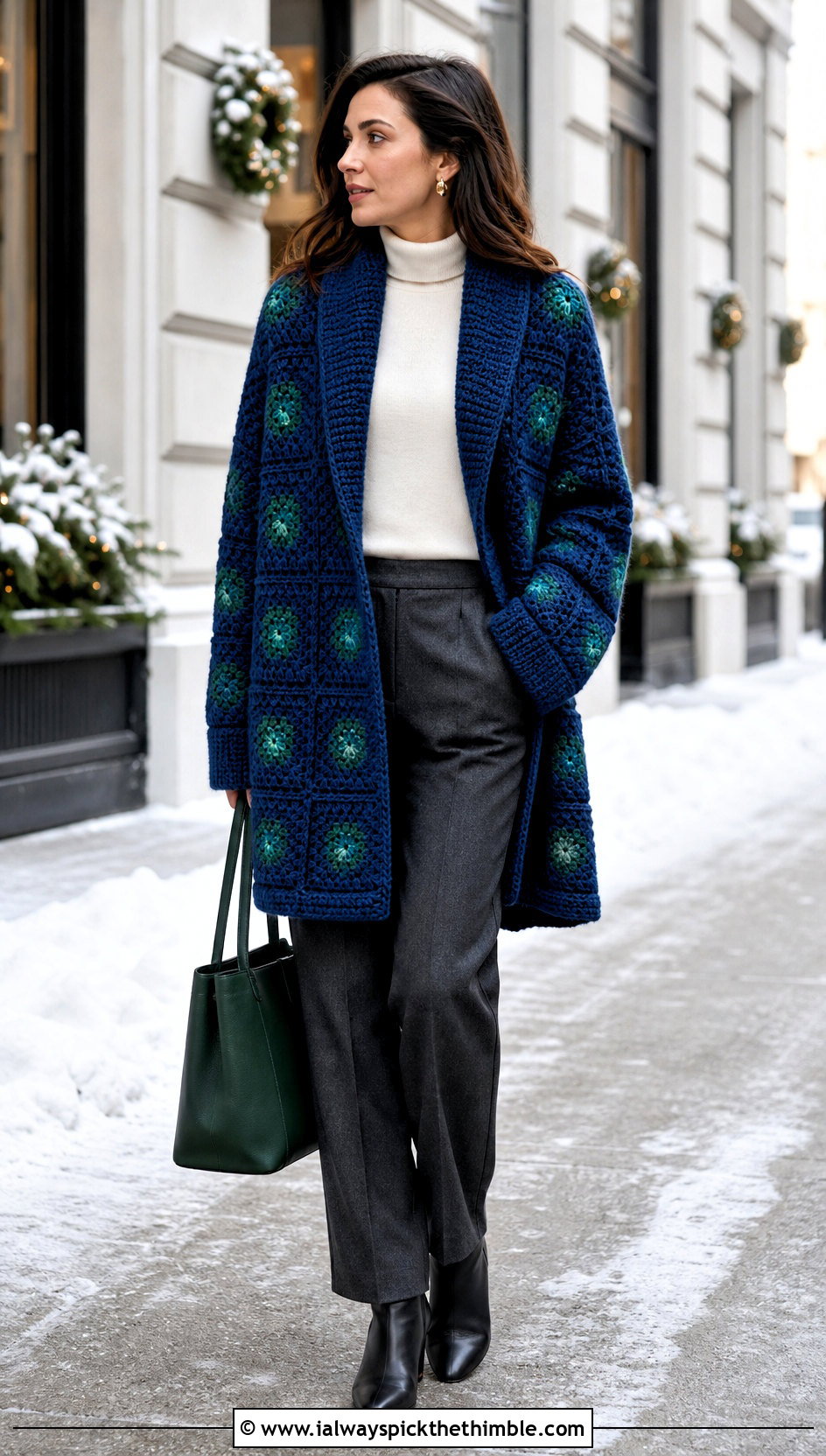 Shawl Collar Granny Square Cardigan With Wool Trousers - 20 Oversized Granny Square Cardigan outfit ideas