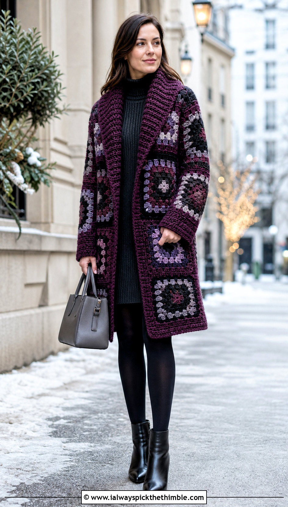 Shawl Collar Granny Square Coat With Sweater Dress - 20 crochet granny square coat outfit ideas