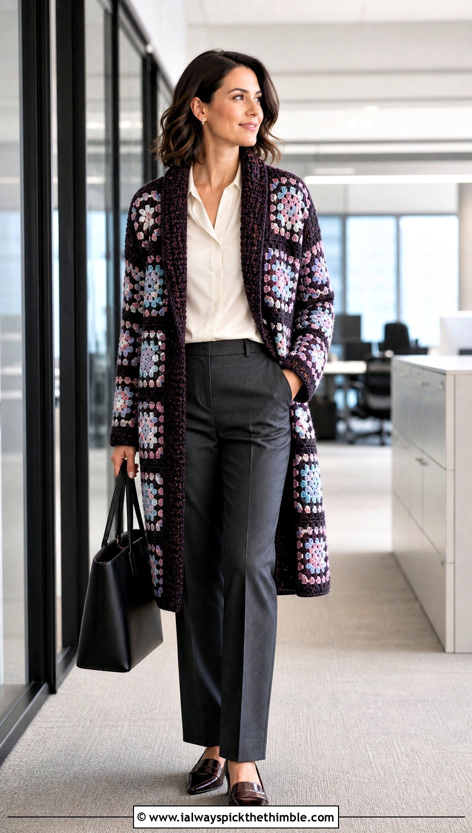 Shawl Collar Granny Square Coat With Tailored Trousers - 20 granny square coat outfit ideas