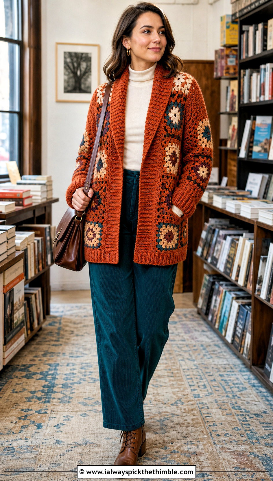 Shawl Collar Granny Square Crochet Cardigan With Corduroy Pants - 25 granny square crochet cardigan outfit ideas