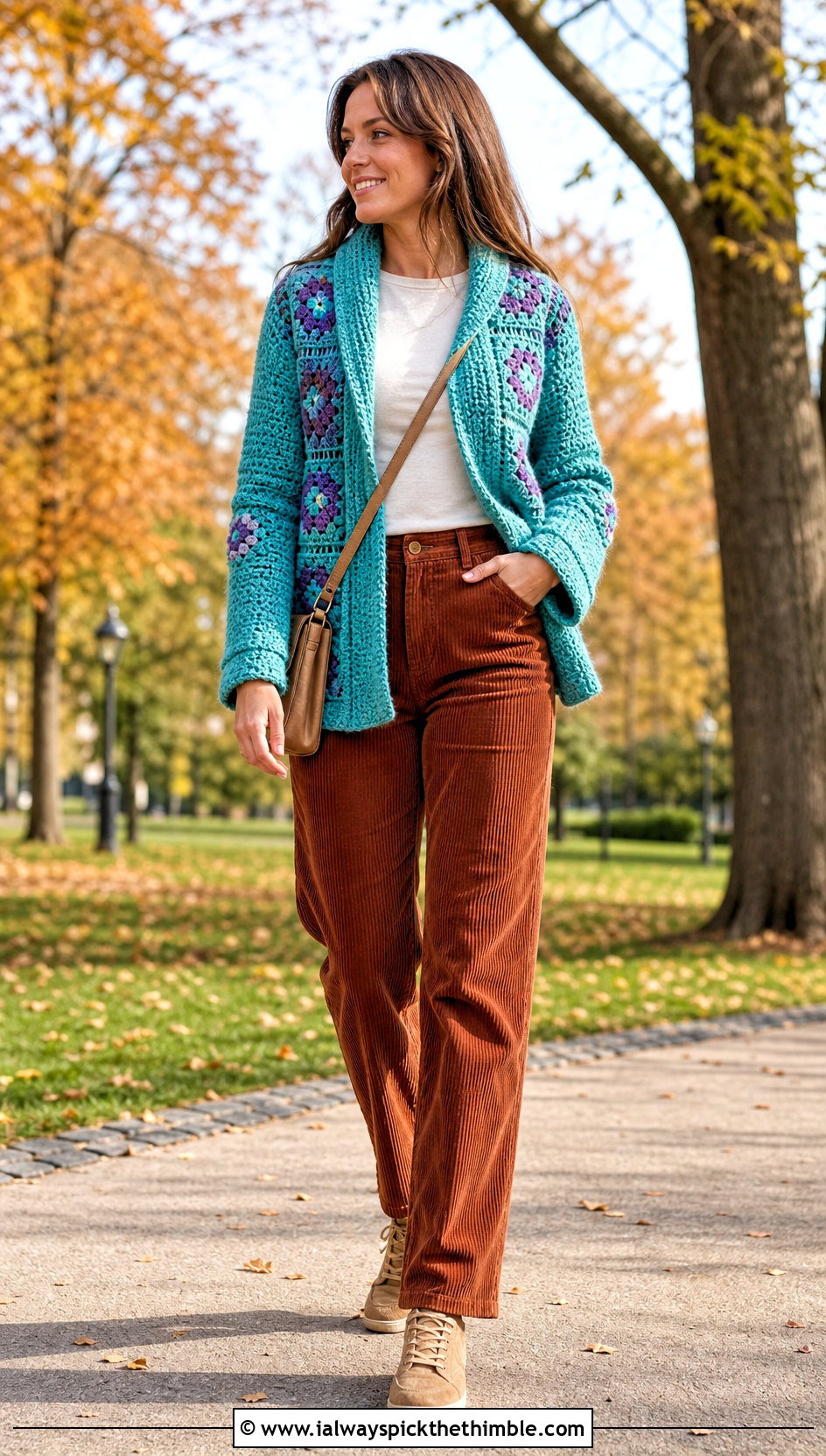 Shawl Collar Granny Square Jacket With Corduroy Pants - 25 granny square jacket outfit ideas
