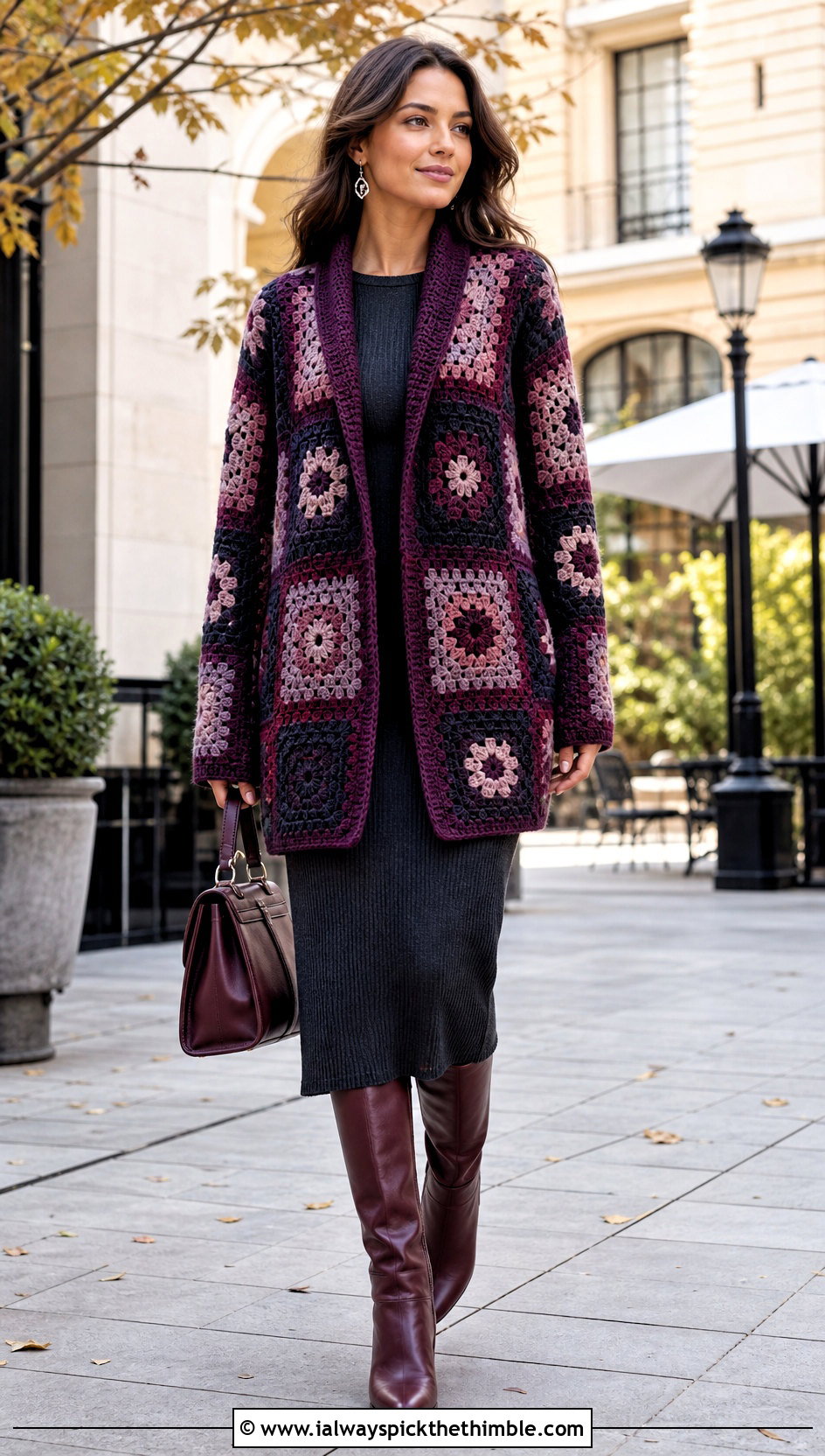 Shawl Collar Granny Square Patchwork Cardigan With Knit Dress - 20 Granny Square Patchwork Cardigan outfit ideas