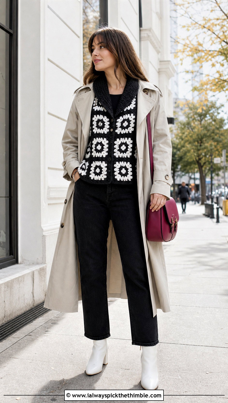 Shawl Collar Granny Square Sweater With Trench Coat - 20 black and white granny square sweater outfit ideas