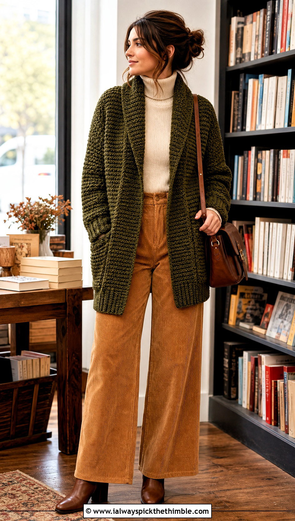 Shawl Collar Green Crochet Cardigan With Corduroy Pants - 25 green crochet cardigan outfit ideas