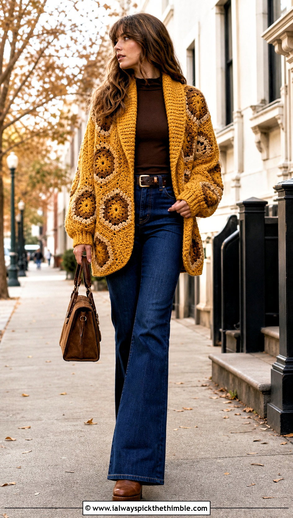 Shawl Collar Hexagon Cardigan With Flared Jeans - 25 crochet hexagon cardigan outfit ideas