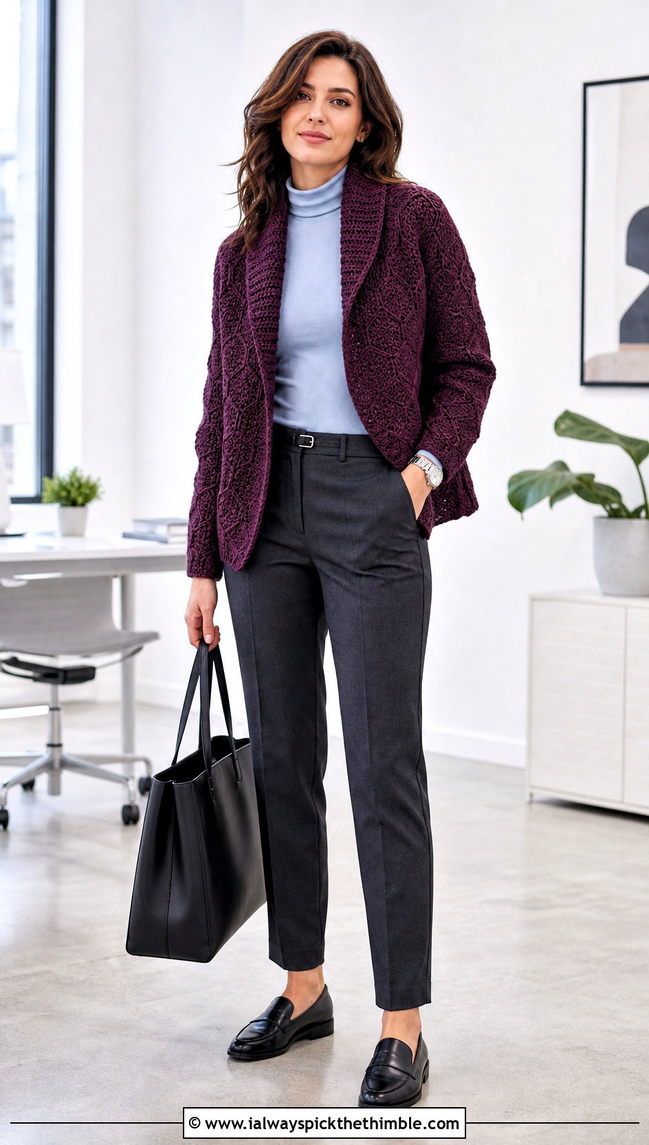 Shawl Collar Hexi Cardi With Turtleneck And Trousers - 25 crochet hexi cardi outfit ideas