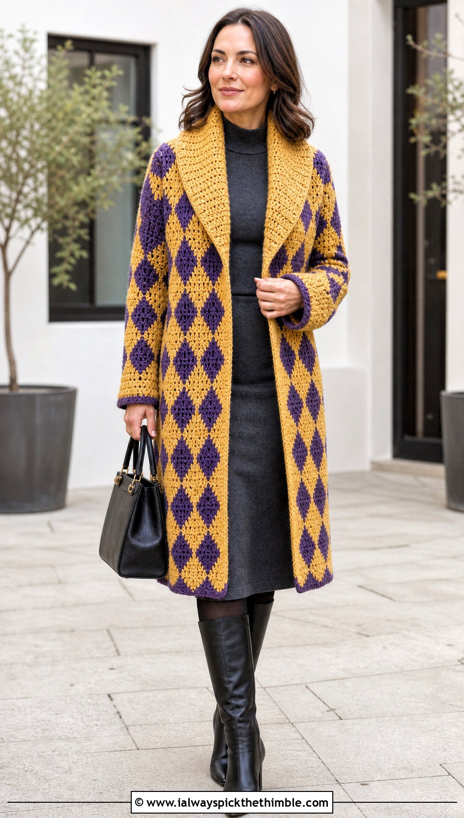 Shawl Collar Howl Crochet Coat With Sweater Dress - 20 howl crochet coat outfit ideas