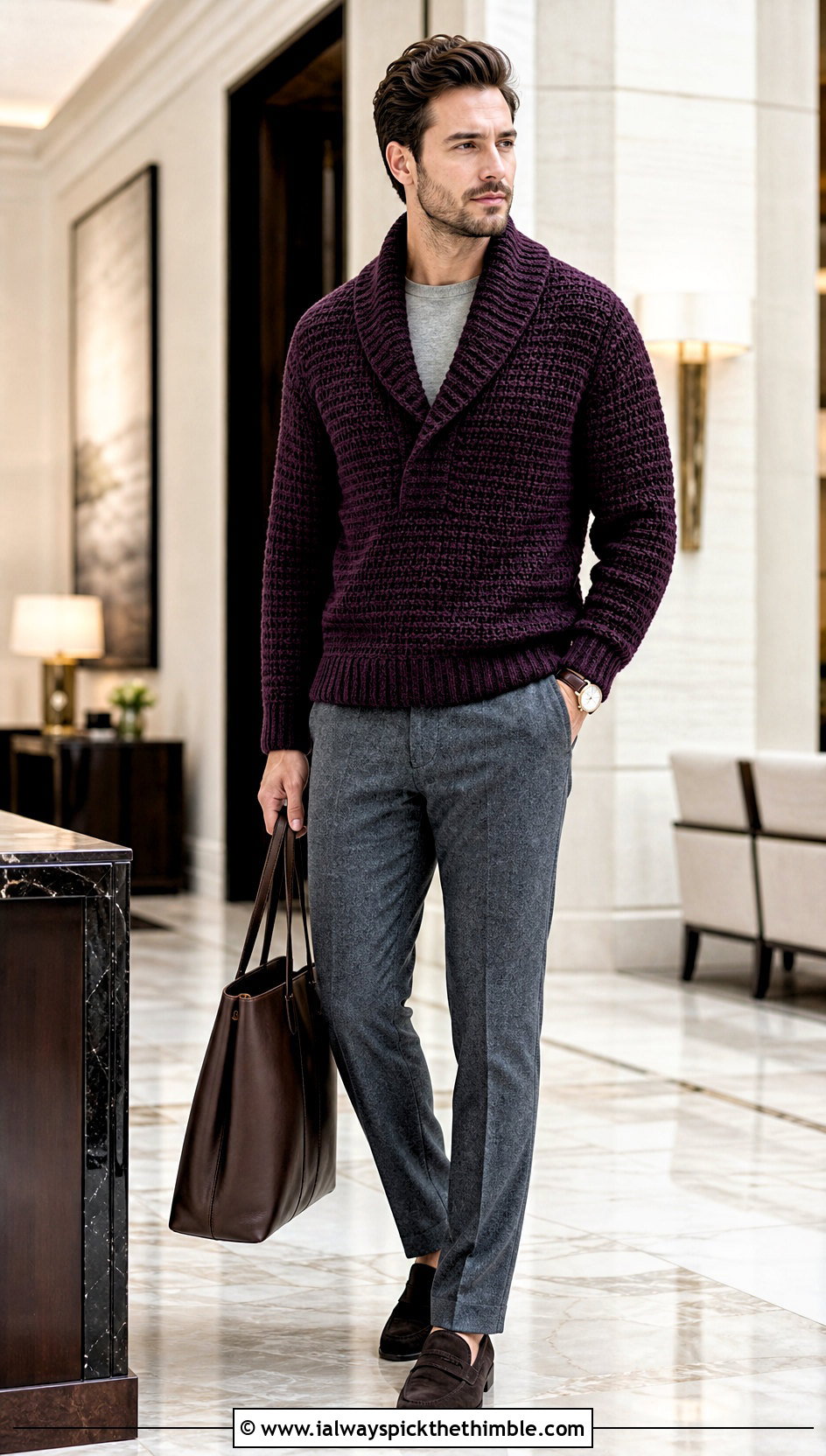Shawl Collar Mens Crochet Sweater With Flannel Trousers - 25 mens crochet sweater outfit ideas