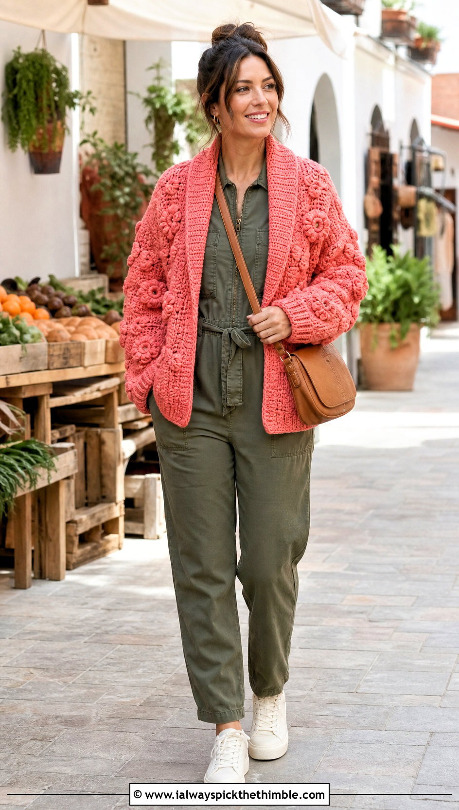 Shawl Collar Puff Flower Crochet Cardigan With Utility Jumpsuit - 20 puff flower crochet cardigan outfit ideas