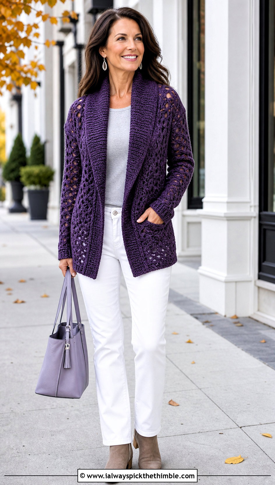 Shawl Collar Purple Crochet Cardigan With White Jeans - 25 purple crochet cardigan outfit ideas