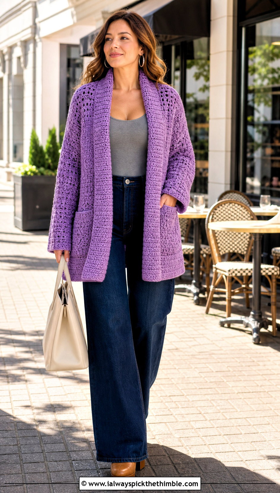 Shawl Collar Rectangle Crochet Cardigan With Wide Leg Jeans - 20 Crochet Cardigan From Rectangle outfit ideas