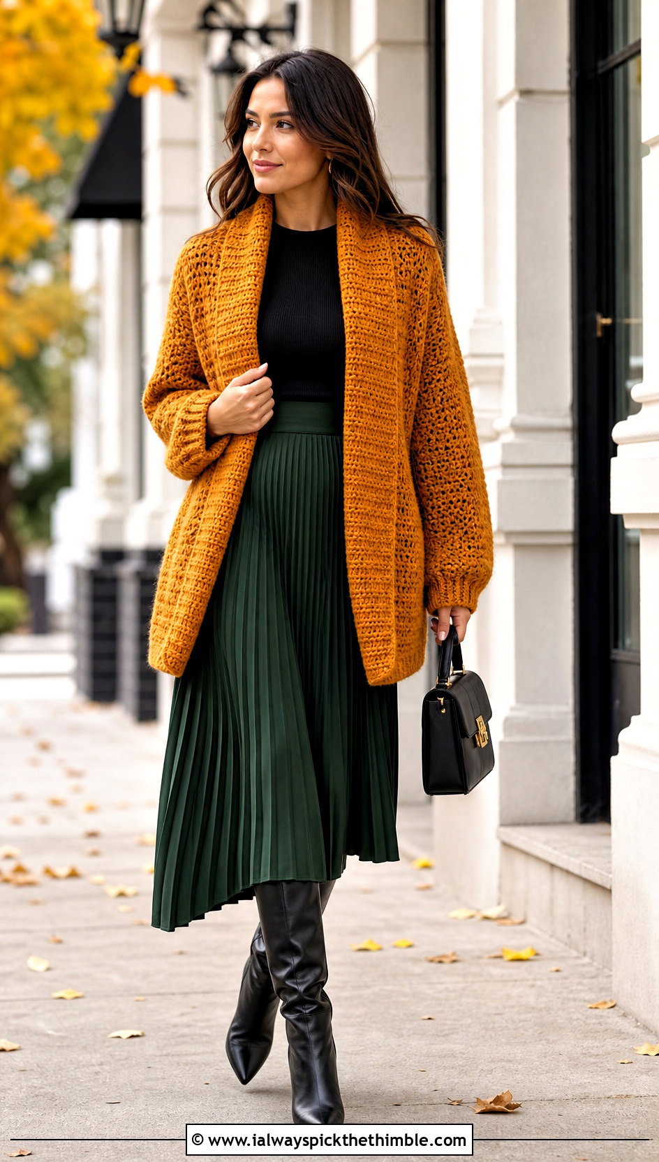 Shawl Collar Slouchy Crochet Cardigan With A Pleated Midi Skirt - 20 Slouchy Crochet Cardigan outfit ideas