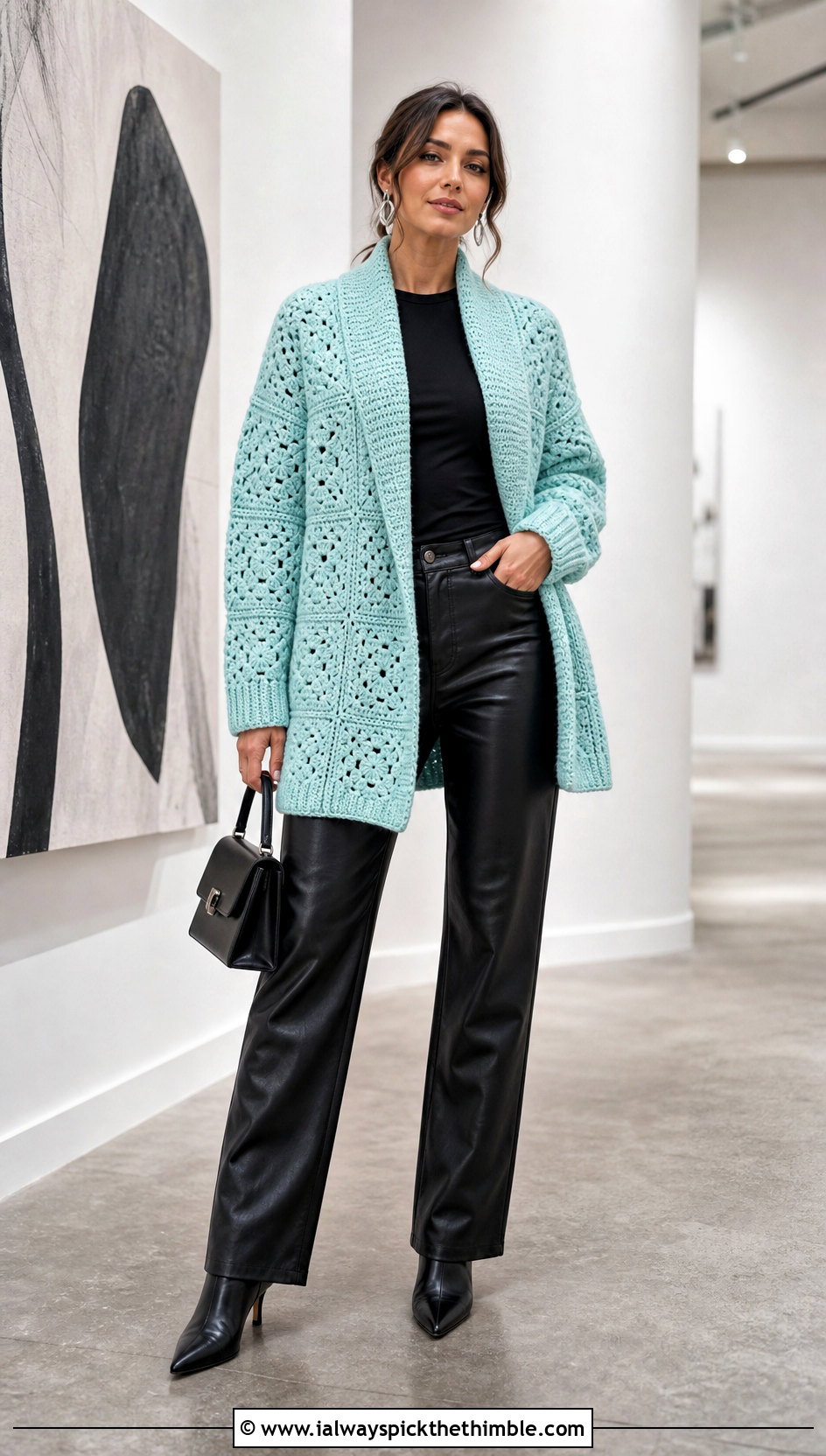 Shawl Collar Solid Granny Square Cardigan With Leather Pants - 20 Crochet Solid Granny Square Cardigan outfit ideas