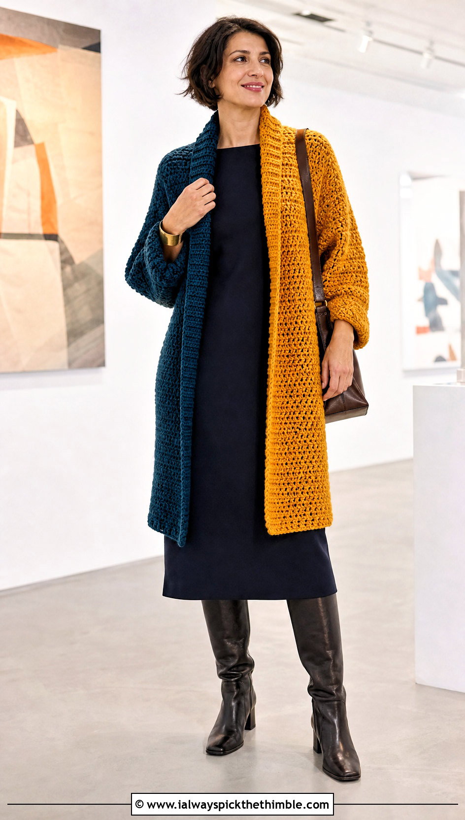 Shawl Collar Split Color Crochet Cardigan With Column Dress - 15 Split Color Crochet Cardigan outfit ideas