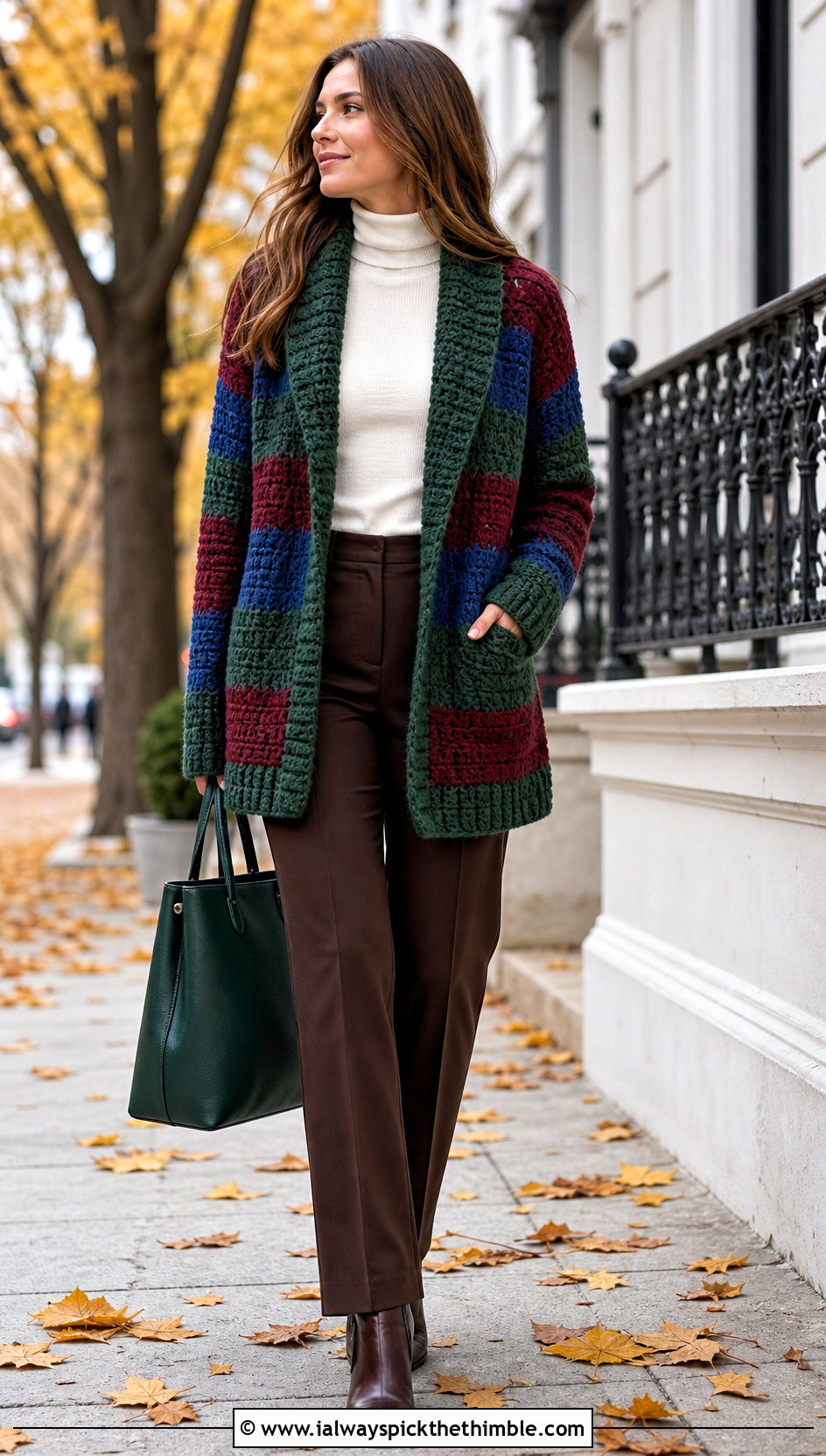 Shawl Collar Stripe Crochet Cardigan With Turtleneck And Trousers - 25 crochet striped cardigan outfit ideas