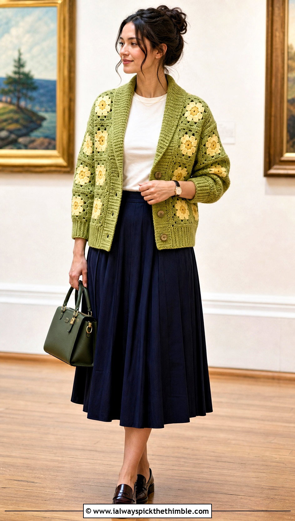 Shawl Collar Sunburst Granny Square Cardigan With Pleated Midi Skirt - 25 sunburst granny square cardigan outfit ideas