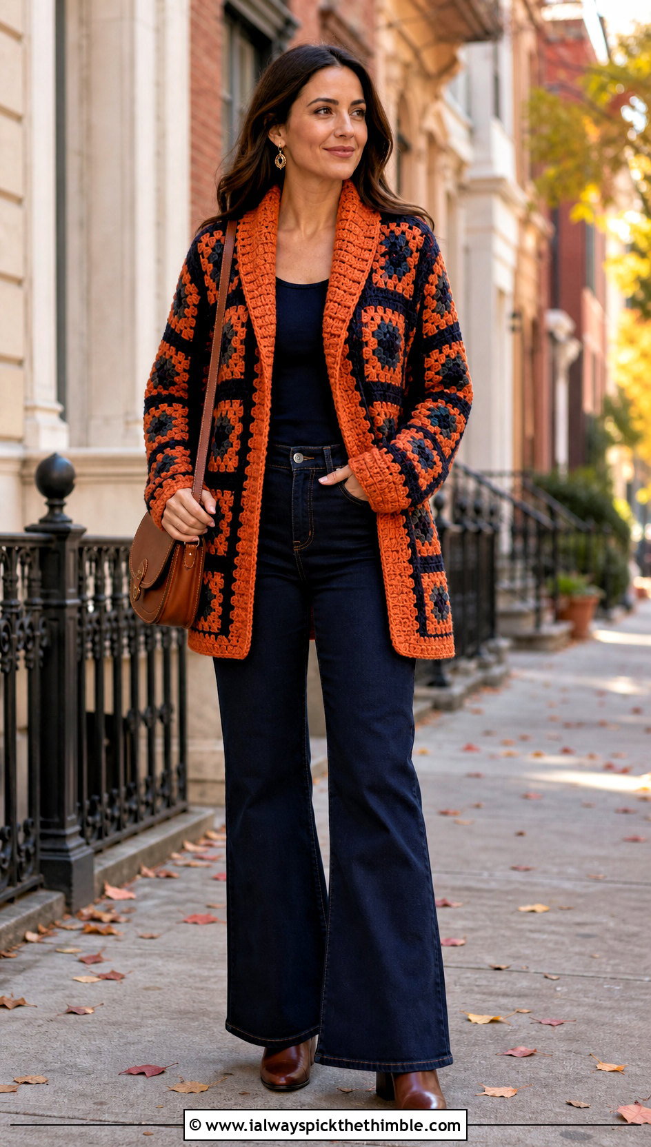 Shawl Collar Two Color Granny Square Cardigan With Flared Jeans - 20 Two Granny Square Cardigan outfit ideas