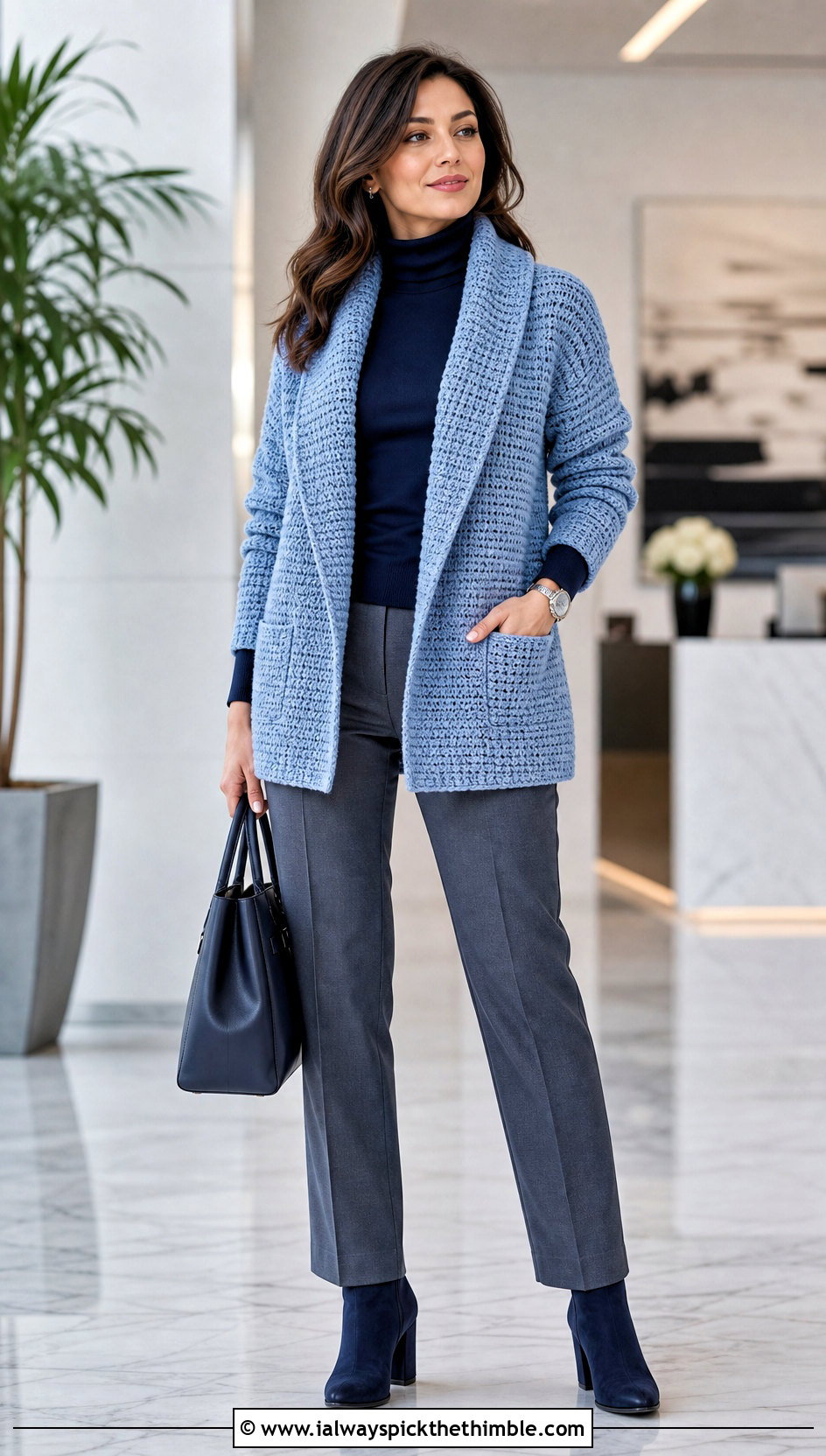 Shawl Collar Worsted Weight Crochet Cardigan With Turtleneck And Trousers - 20 Worsted Weight Crochet Cardigan outfit ideas