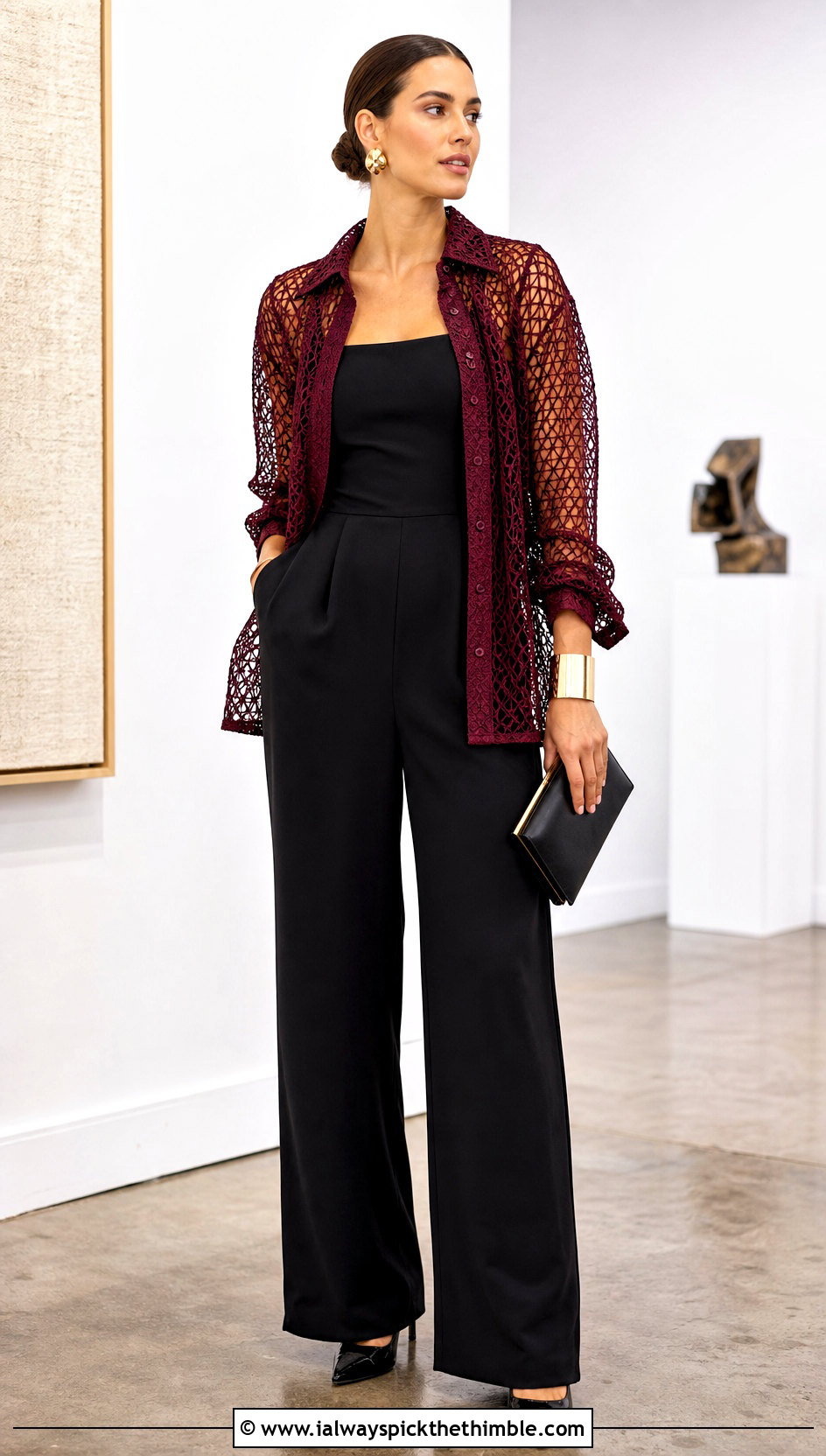 Sheer Mesh Crochet Collared Shirt With Tailored Jumpsuit - 25 crochet collared shirt outfit ideas