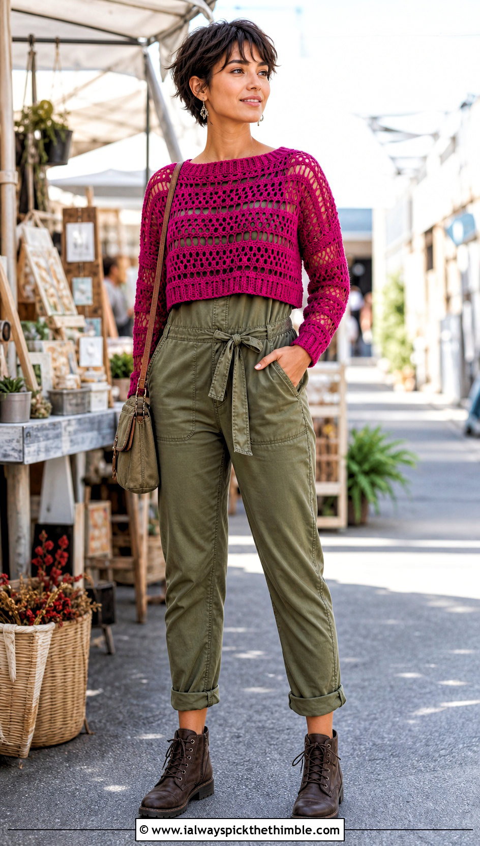 Sheer Stripe Pixie Crochet Sweater With Utility Jumpsuit - 20 Pixie Crochet Sweater outfit ideas