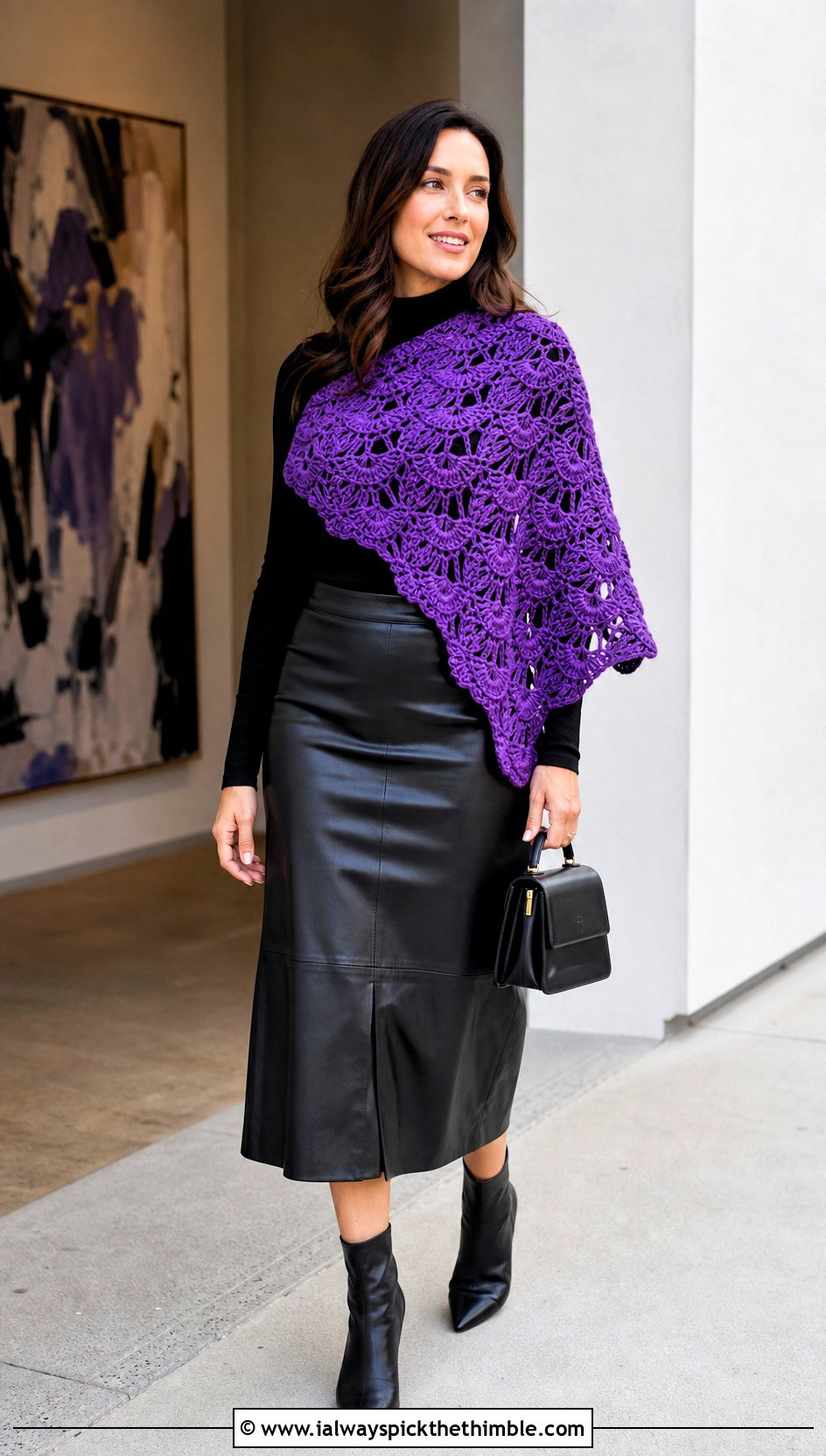 Shell And Cluster Shawl With Leather Midi Skirt - 20 Crochet Shell Shawl outfit ideas