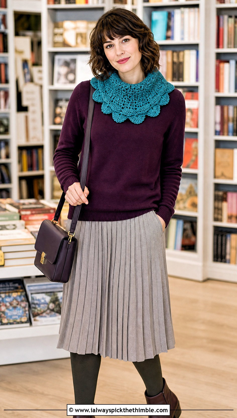 Shell Collar Scarf With Crewneck Sweater And Pleated Skirt - 20 crochet shell scarf outfit ideas