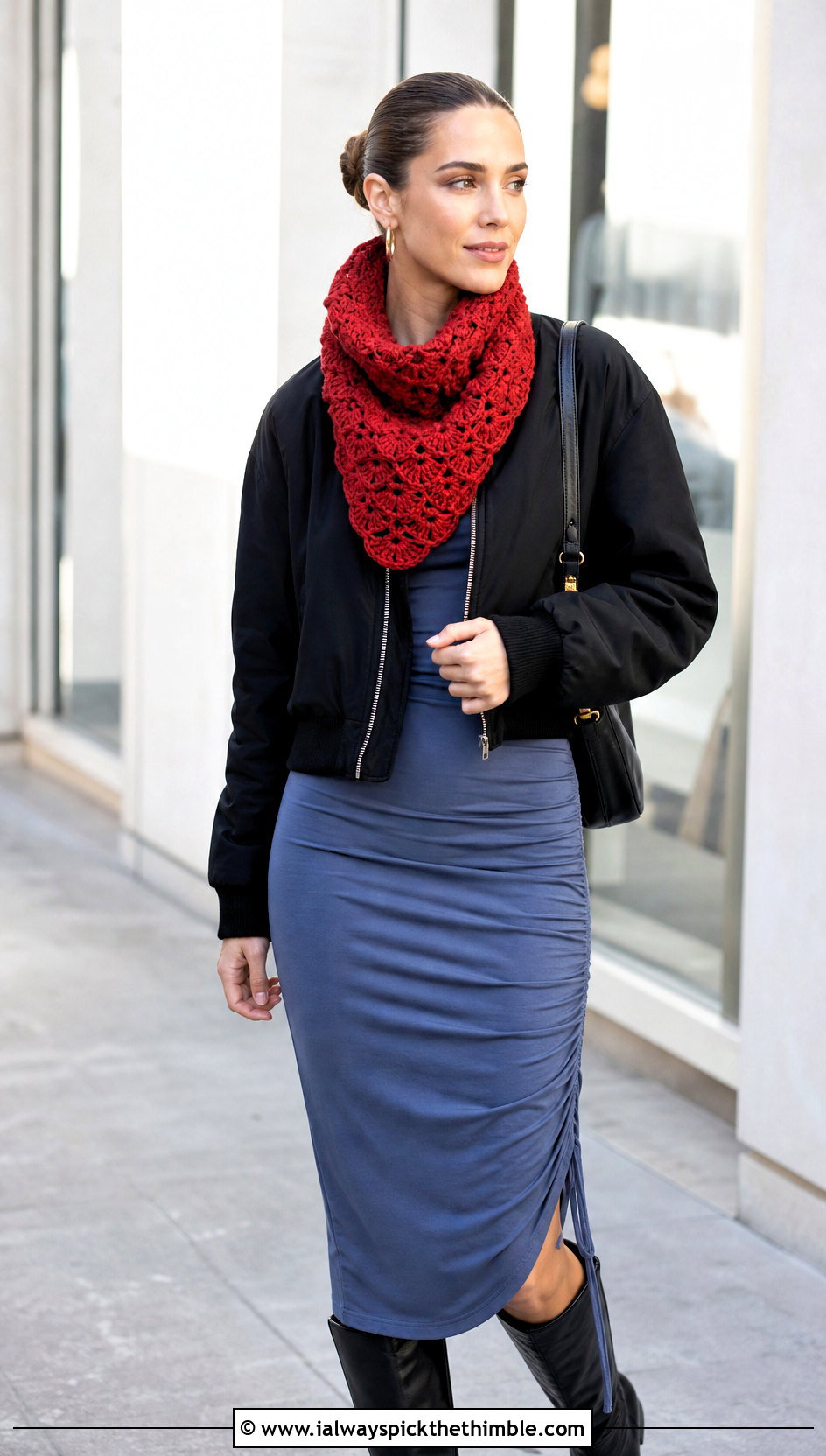 Shell Cowl Scarf With Bomber Jacket And Midi Dress - 20 crochet shell scarf outfit ideas