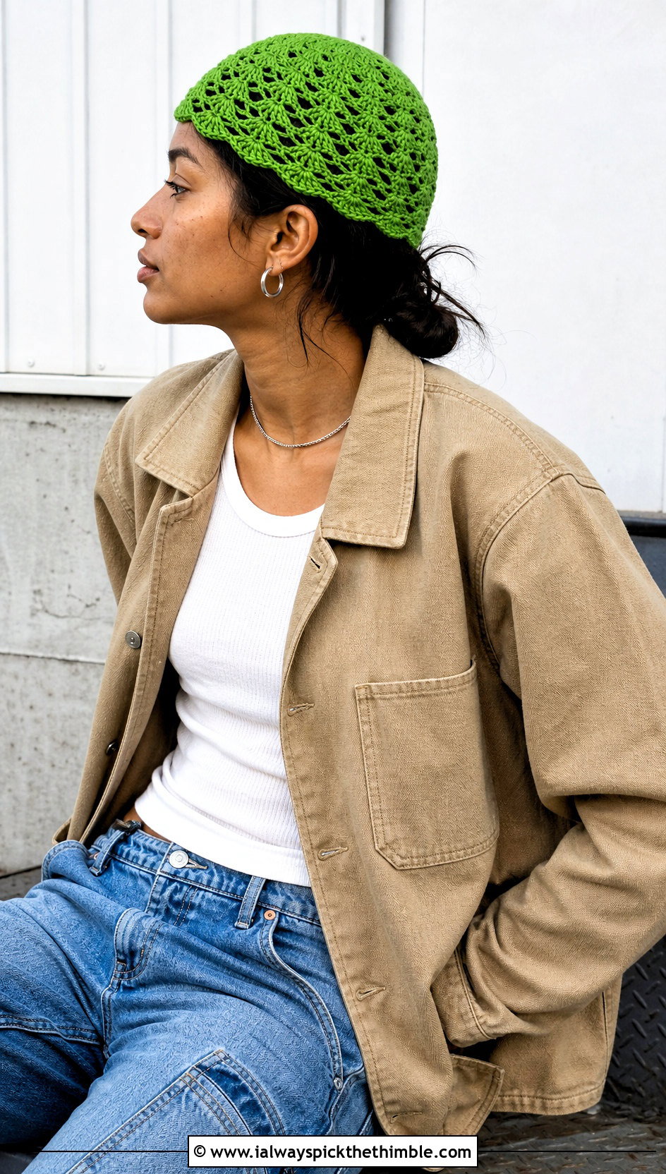 Shell Crochet Skullcap With Chore Jacket And Carpenter Jeans - 20 shell crochet beanie outfit ideas