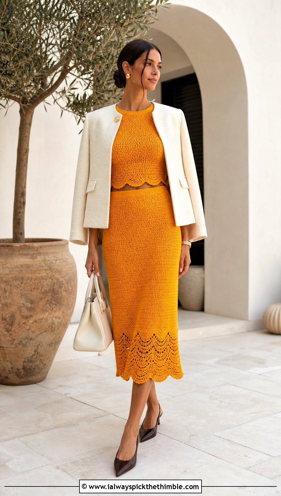 Shell Crochet Top And Scalloped Midi Skirt With Kitten Heels - 25 crochet skirt and top outfit ideas