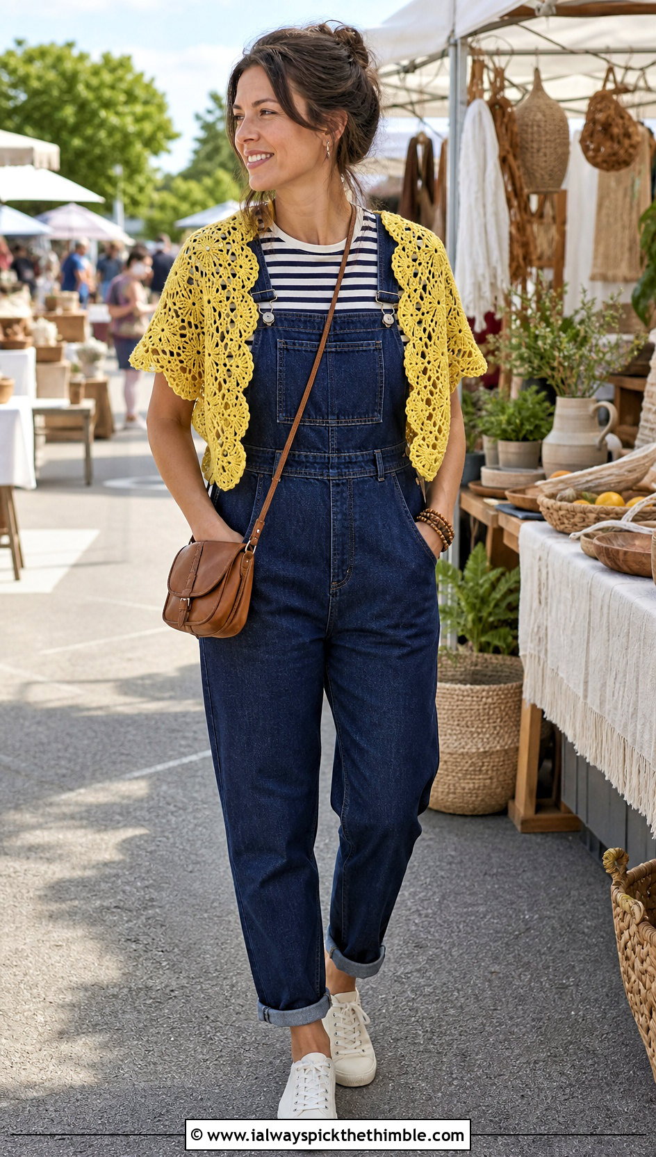 Shell Edge Irish Crochet Shawlette With Overalls - 20 Irish Crochet Shawl outfit ideas