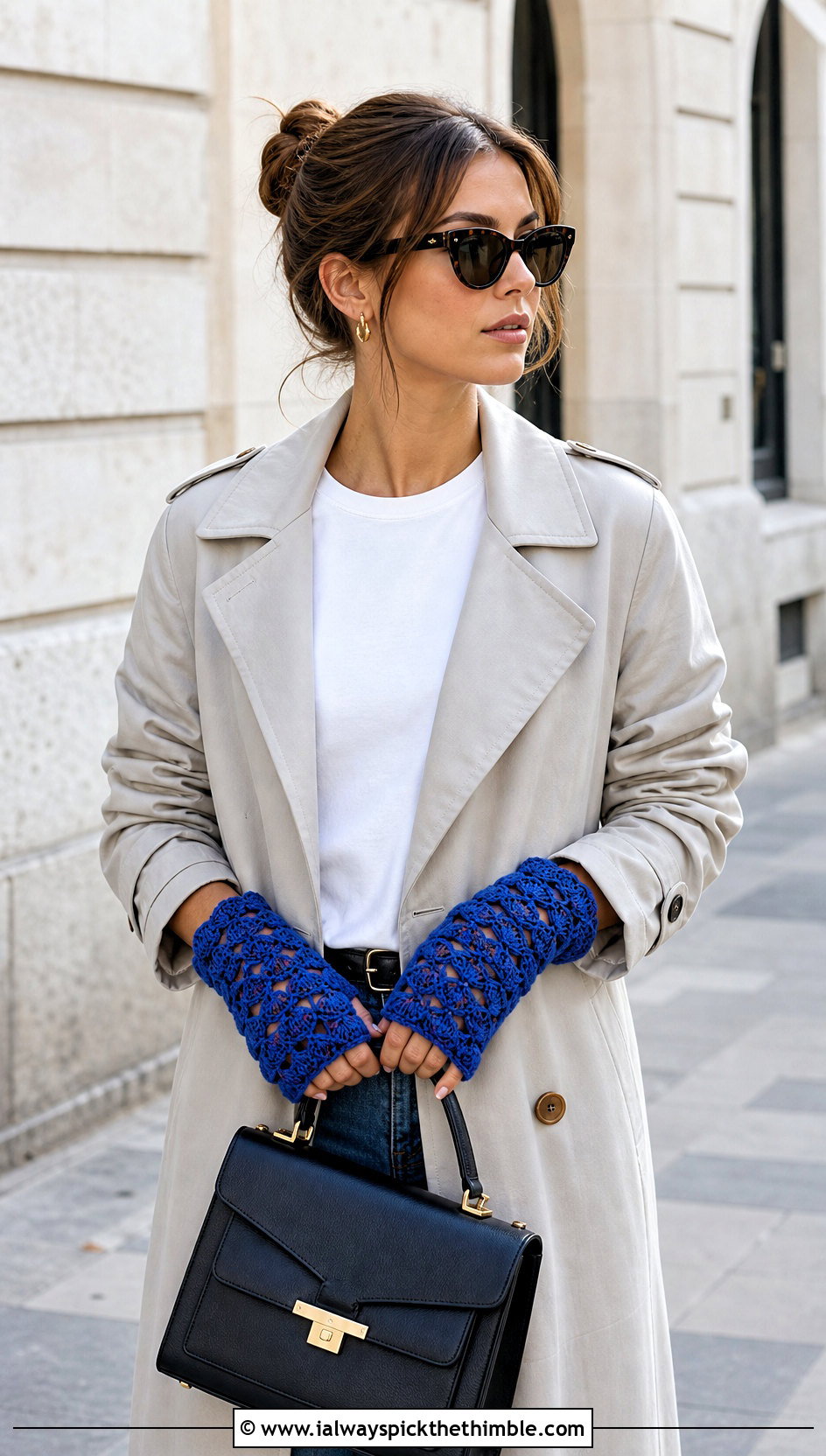 Shell Lace Crochet Fingerless Gloves With Trench Coat And Jeans - 20 Lace Crochet Fingerless Gloves outfit ideas