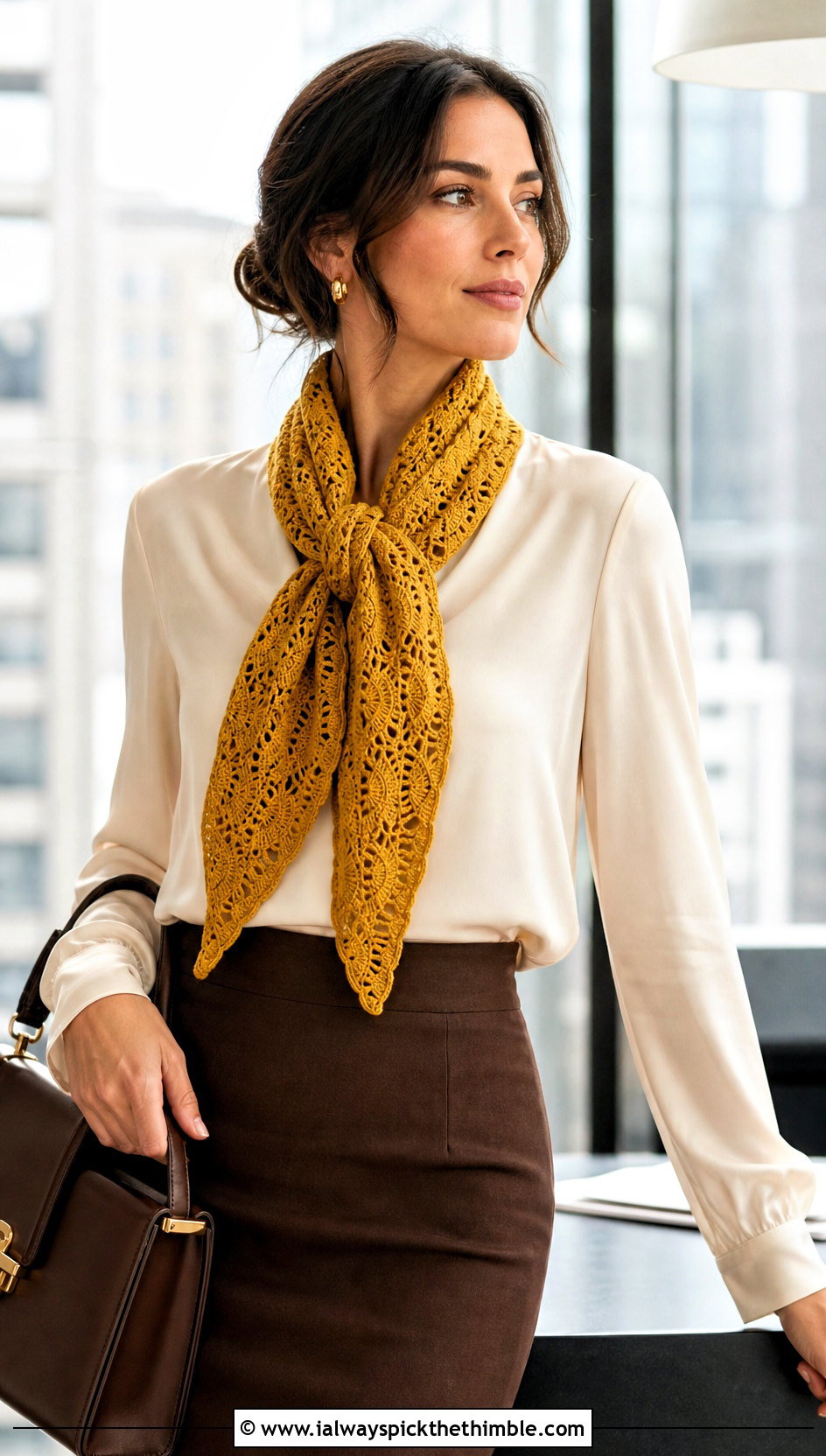 Shell Lace Crochet Scarf With Satin Blouse And Pencil Skirt - 15 Light Weight Crochet Scarf outfit ideas
