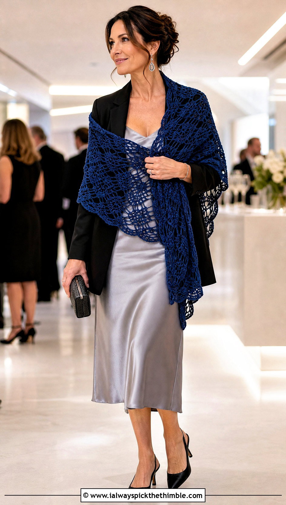 Shell Lace Wrap Scarf With Slip Dress And Blazer - 20 crochet shell scarf outfit ideas